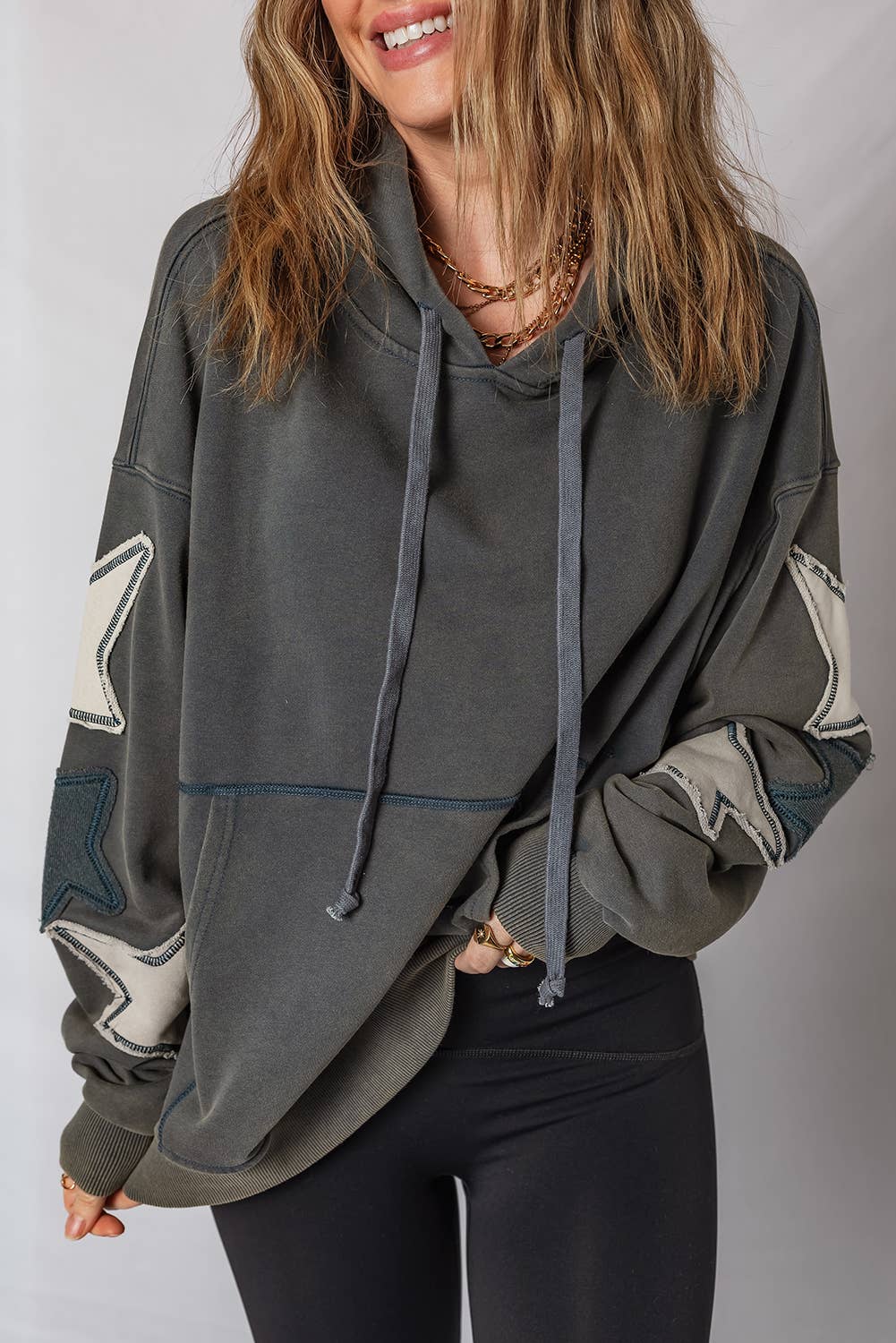 Star Patchwork Contrast Stitching Pocket Vintage Hoodie