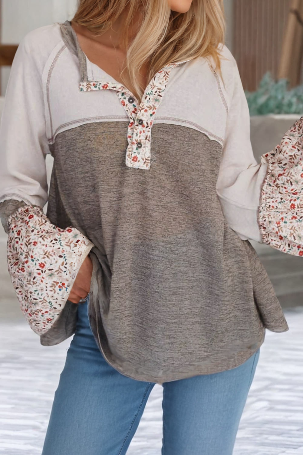 LDC Colorblock Floral Patchwork Flared Sleeve Top