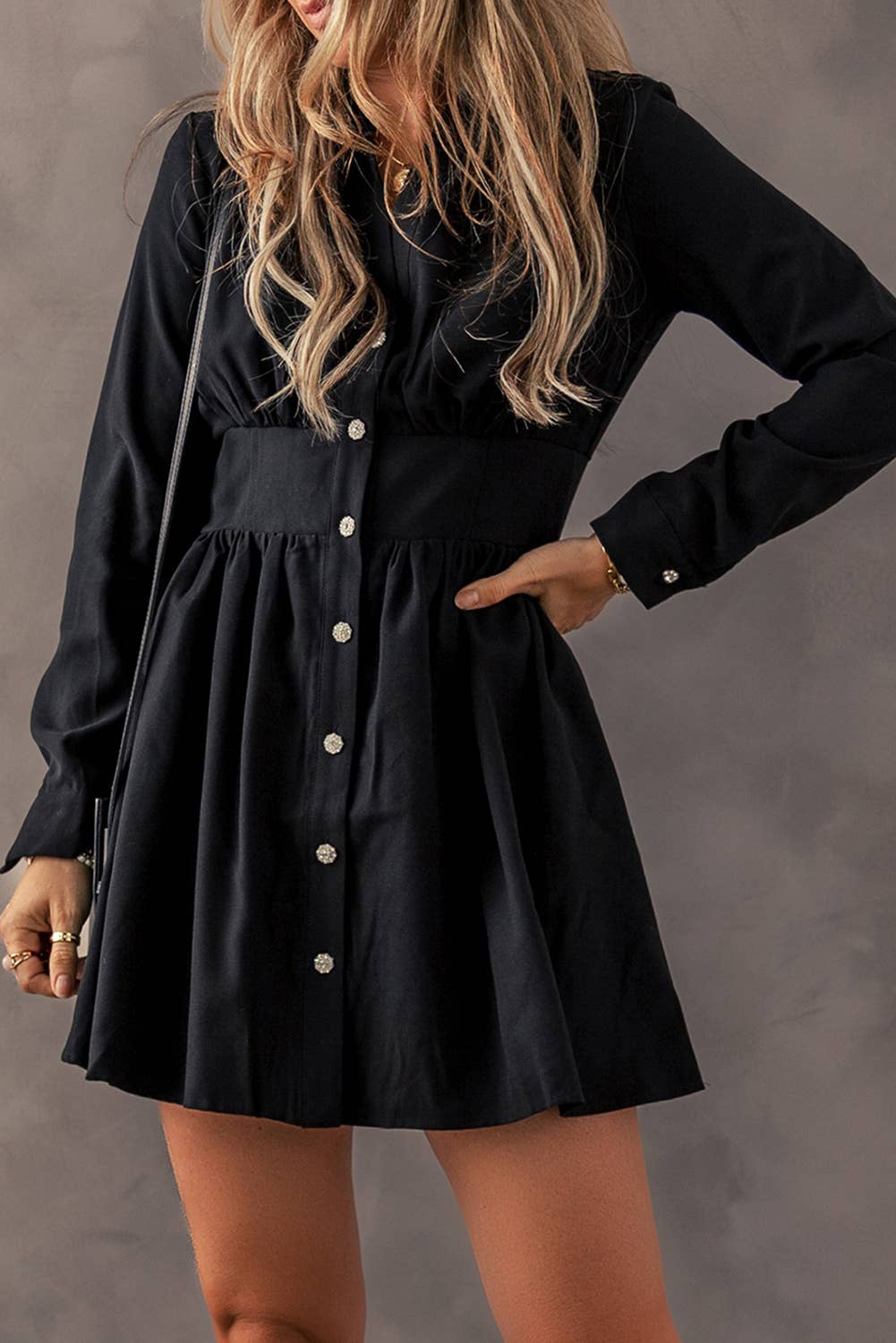 LDC Elastic Cinched High Waist Long Sleeve Shirt Mini Dress