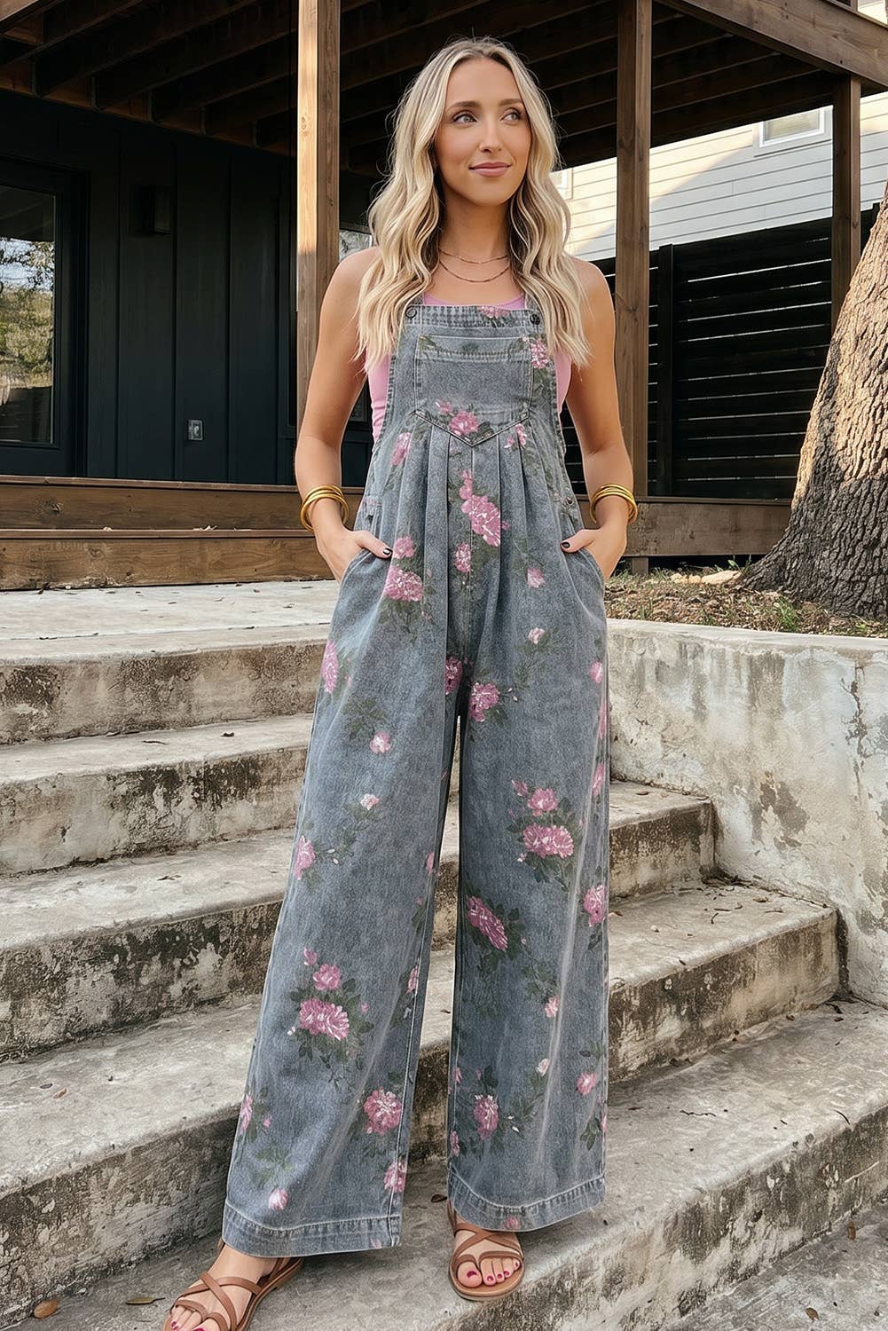 Floral Print Pleated High Waist Wide Leg Denim Jumpsuit