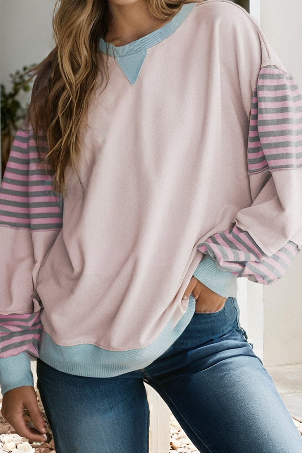 Striped Color block Patchwork Drop Shoulder Sweatshirt
