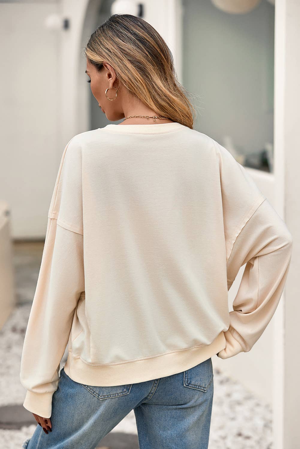 LDC Raw Edge Flower Patch Drop Shoulder Long Sleeve Top