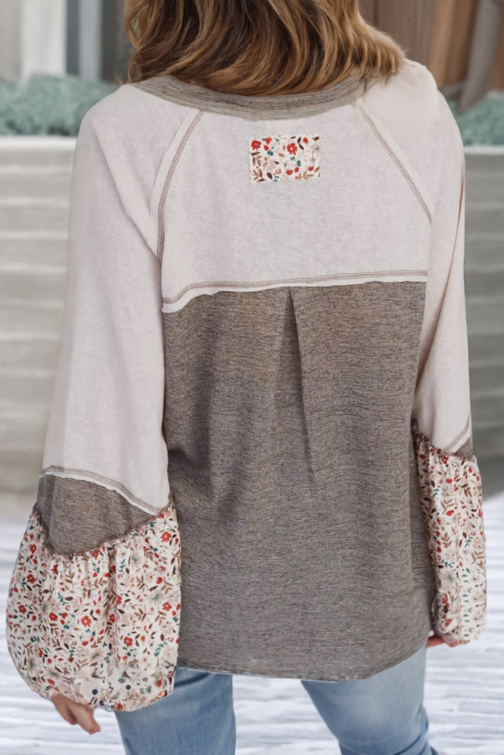 LDC Colorblock Floral Patchwork Flared Sleeve Top