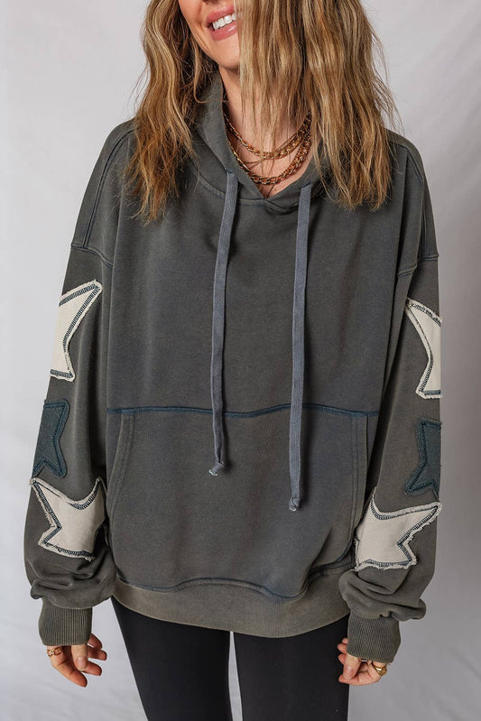 Star Patchwork Contrast Stitching Pocket Vintage Hoodie