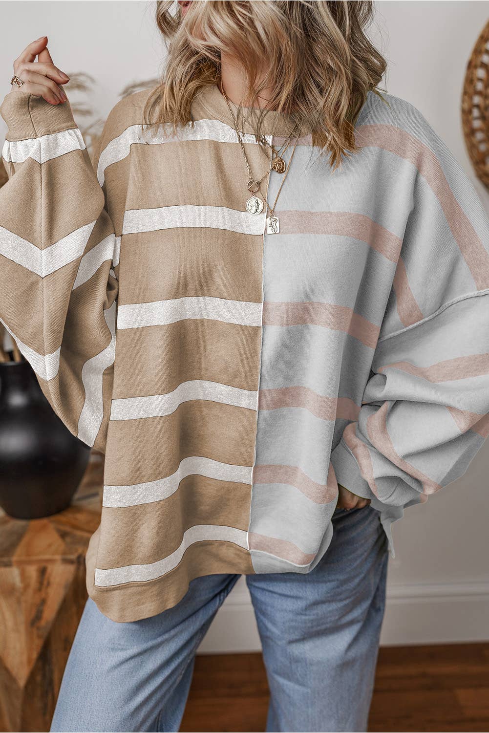 LDC Striped Colorblock Round Neck Knit Sweater
