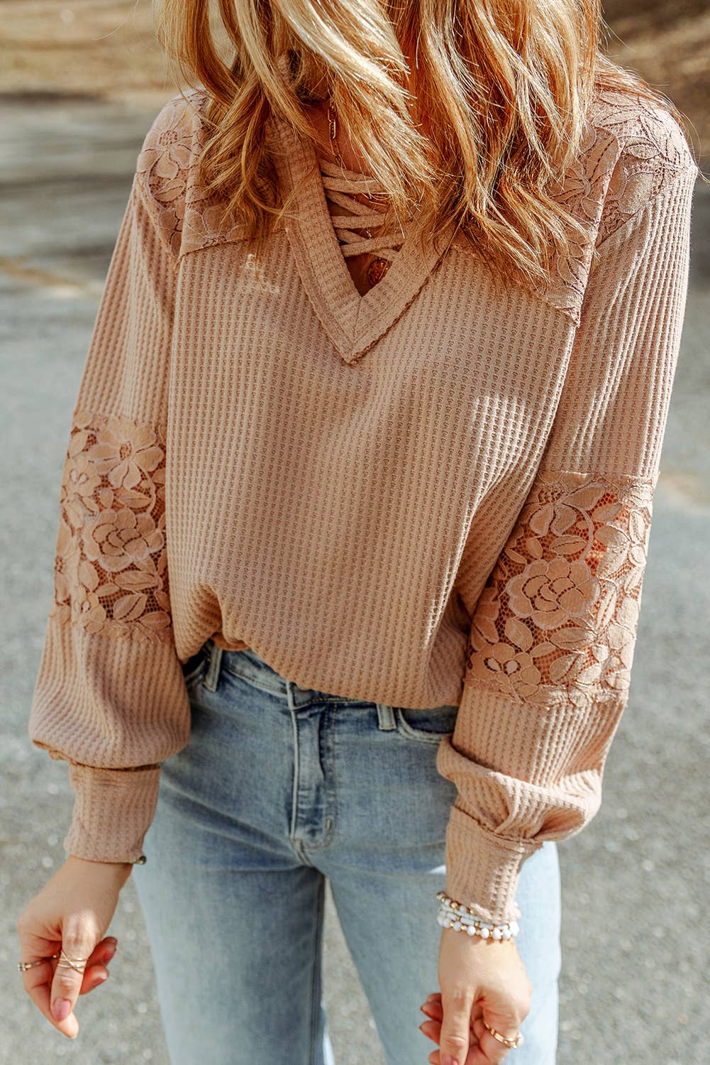 LDC Lace Waffle Patchwork Strappy V Neck Long Sleeve Top
