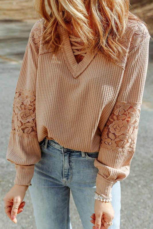 LDC Lace Waffle Patchwork Strappy V Neck Long Sleeve Top