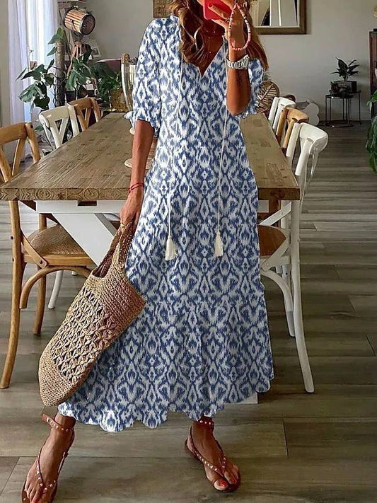 Casual Sweet Loose V-Neck Printed Fringe Dress