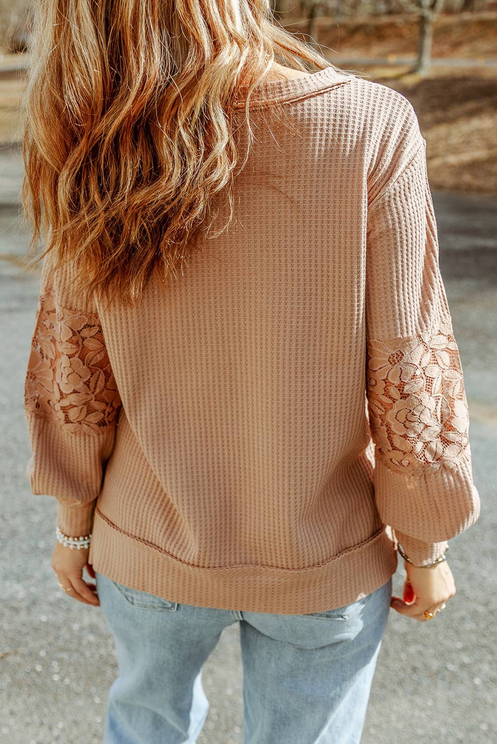 LDC Lace Waffle Patchwork Strappy V Neck Long Sleeve Top