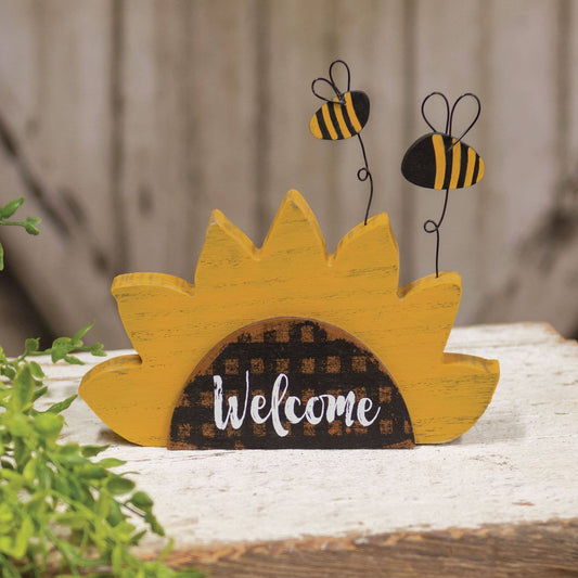 Distressed Wooden "Welcome" Sunflower Sitter w/Bees