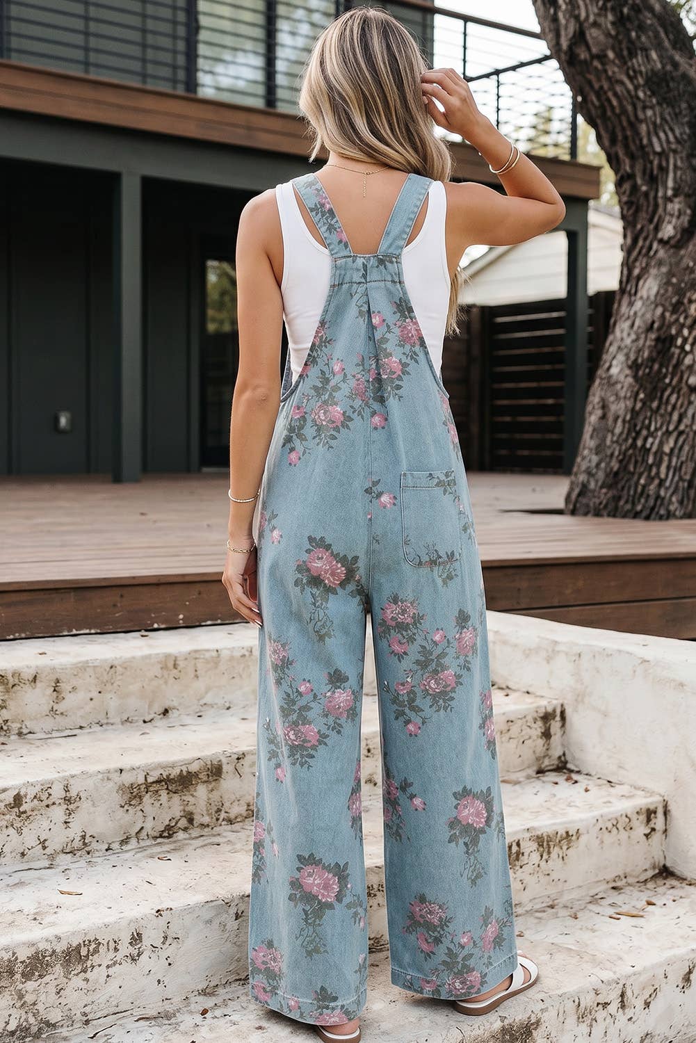 Floral Print Pleated High Waist Wide Leg Denim Jumpsuit