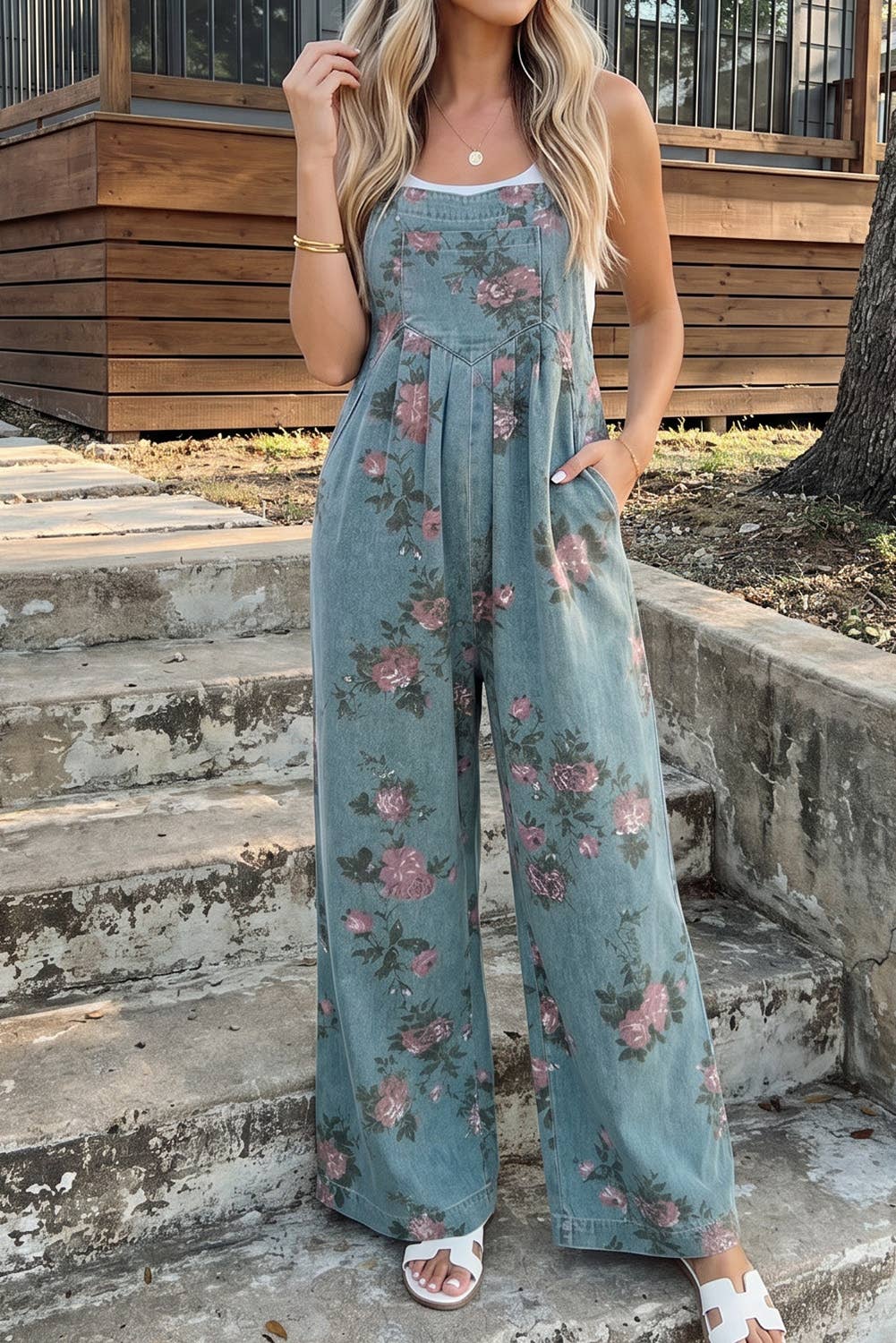 Floral Print Pleated High Waist Wide Leg Denim Jumpsuit