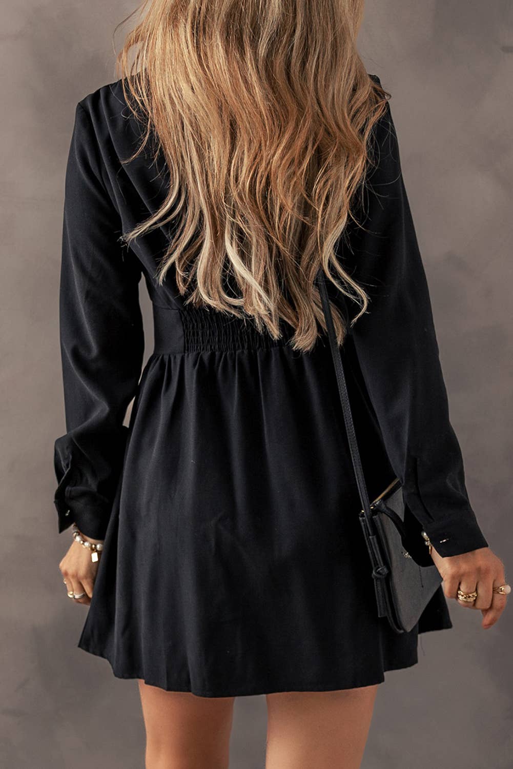 LDC Elastic Cinched High Waist Long Sleeve Shirt Mini Dress