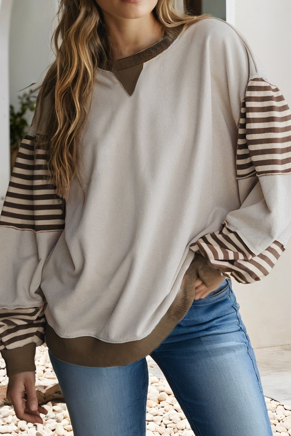 Striped Color block Patchwork Drop Shoulder Sweatshirt