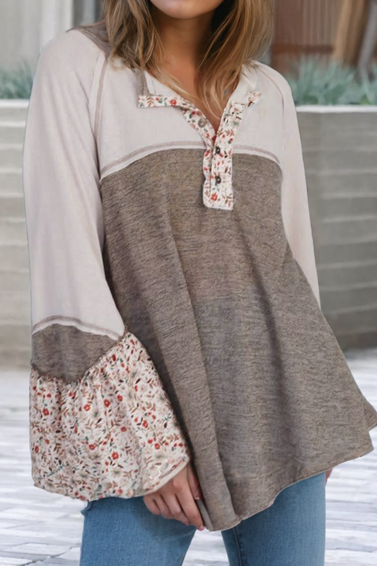 LDC Colorblock Floral Patchwork Flared Sleeve Top