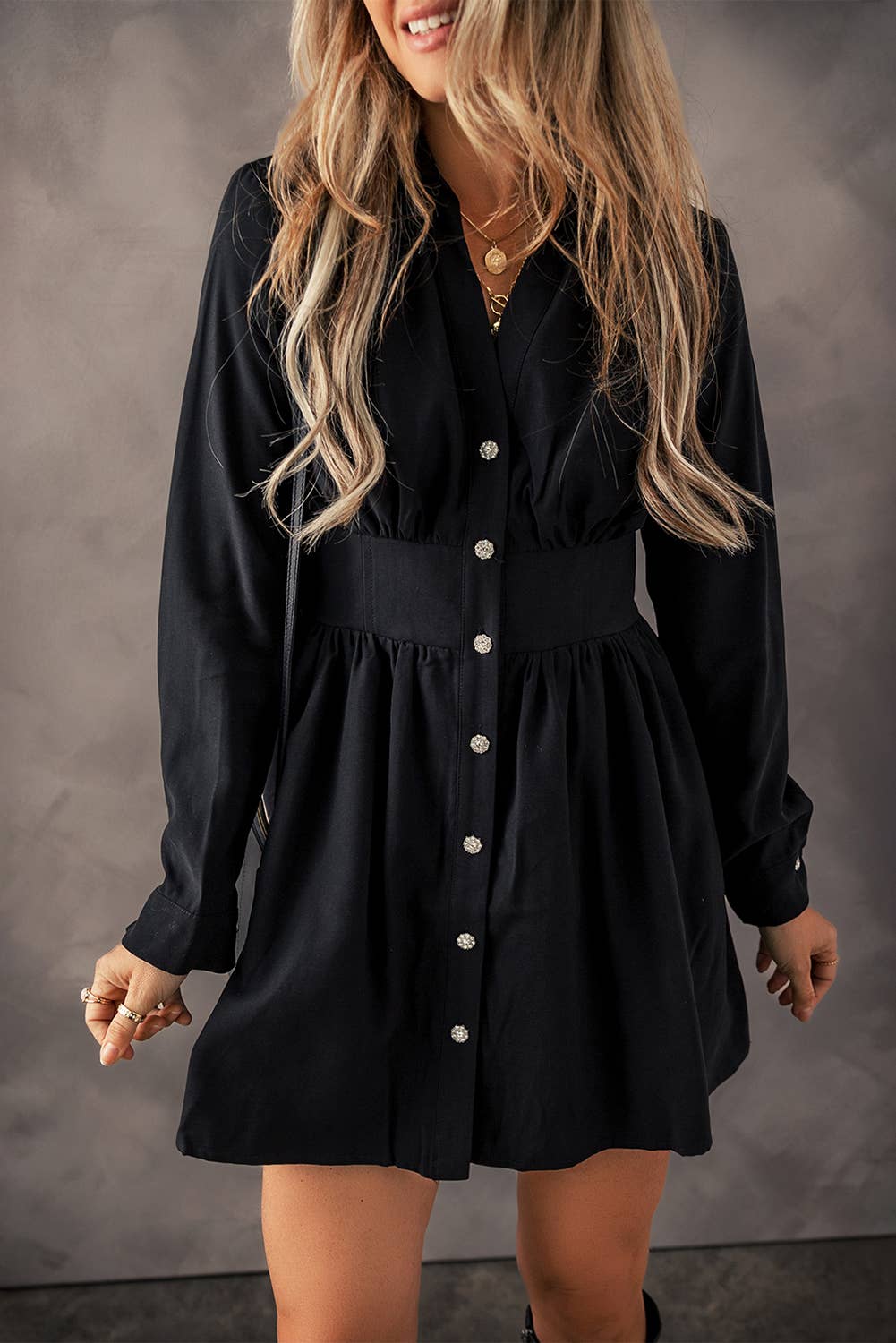 LDC Elastic Cinched High Waist Long Sleeve Shirt Mini Dress