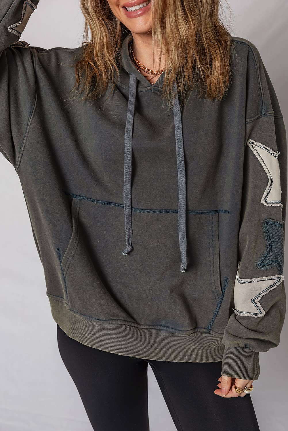 Star Patchwork Contrast Stitching Pocket Vintage Hoodie
