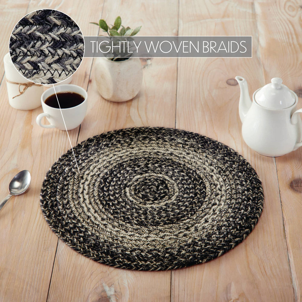 Sawyer Mill Black Cream Braided Jute Trivet Placemat 15"