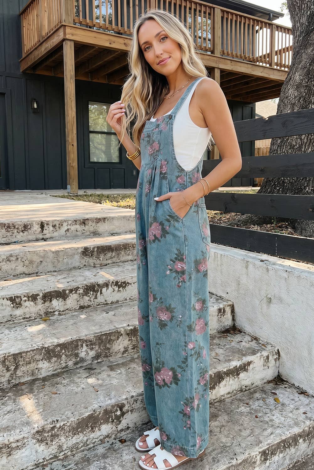 Floral Print Pleated High Waist Wide Leg Denim Jumpsuit